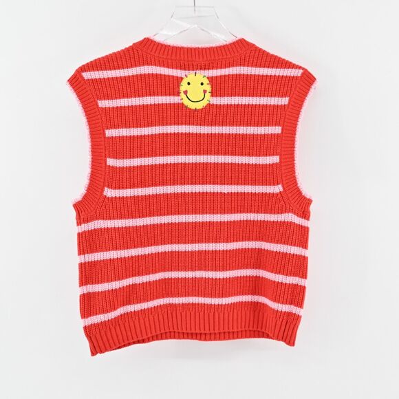 KERRI ROSENTHAL Sweater Vest Womens Siz M Red Pink Striped Heart Smiley Face NEW - Picture 7 of 11
